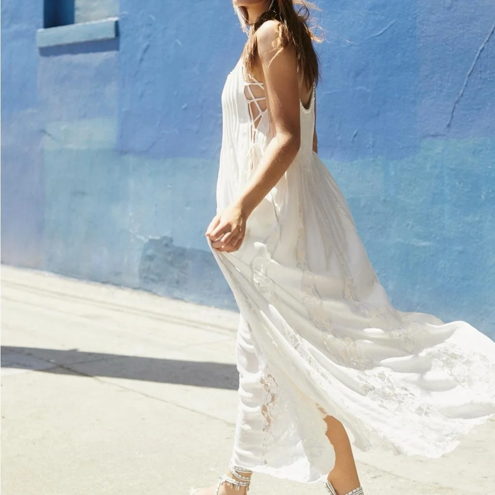 Free People Studded Lace Party Maxi Dress Cream White Bohemian Peasant sz 10 NEW - Picture 6 of 7